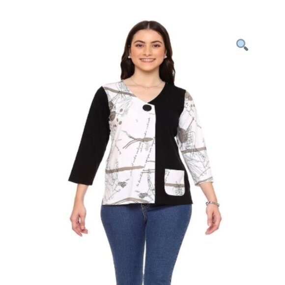 Parsley & Sage Olga Top XL Black & White Asymmetrical Pocket Lagenlook Artsy - Picture 2 of 9